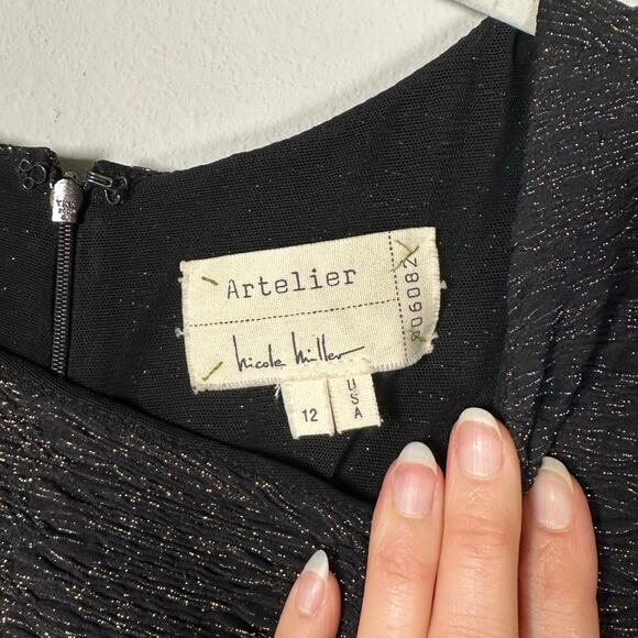 Nicole Miller Artelier Black & Gold Shimmer Long Sleeve Ruched Dress Women's 12 - Picture 3 of 6